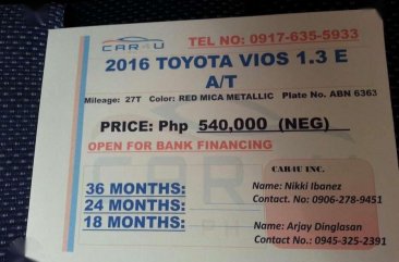 2016 Toyota Vios 1.3e for sale